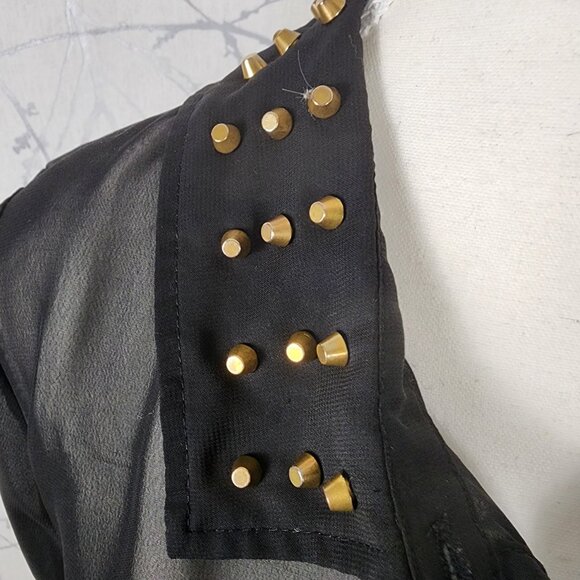 Stella Tweed Black Gold Studded Collar Button Front Sheer Blouse - Picture 3 of 7